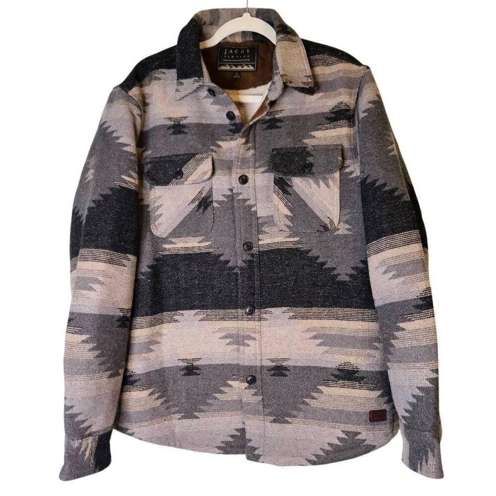 JACHS mens sherpa lined wool blend shirt jacket, aztec, southwestern pattern. M.